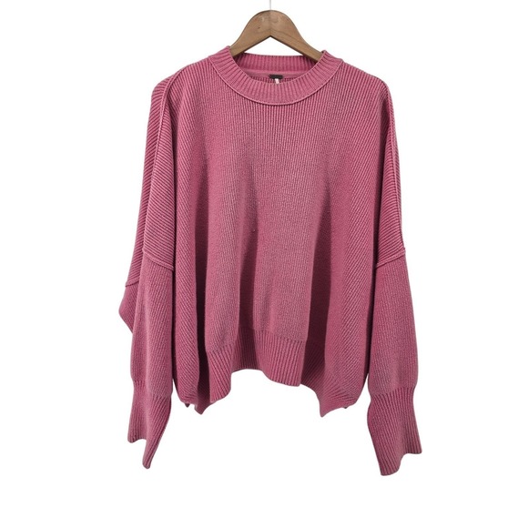 Free People Oversized Ribbed Knit Sweater Pink Drop Shoulder Relaxed Fit XS * - Picture 2 of 5